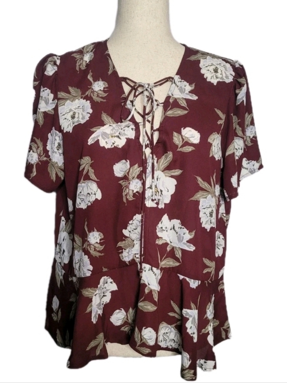 Shyanne Top Size L Floral Lace Up Neck Sheer Peplum Boho Blouse NEW w/tag